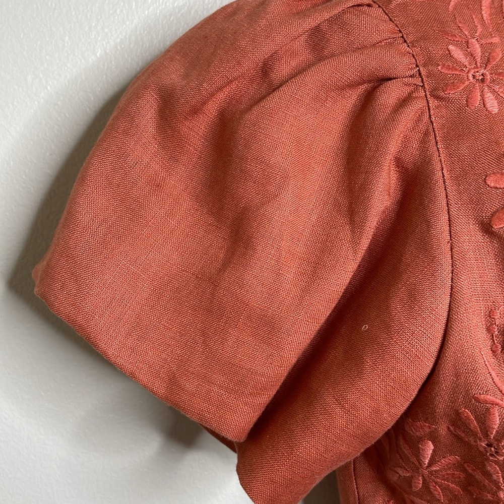 Lafayette 148 Coral Embroidered Button Front Belted Linen Blouse Size 4 Petite - Picture 5 of 12